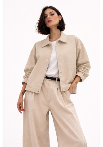 Kadın Oversize Basic Gabardin Mevsimlik Polo Yaka Ceket-385 Taş