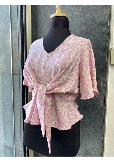 Pera Moda Leopar Desenli Önden Bağlamalı Beli Lastikli Crop Bluz Gömlek Pembe