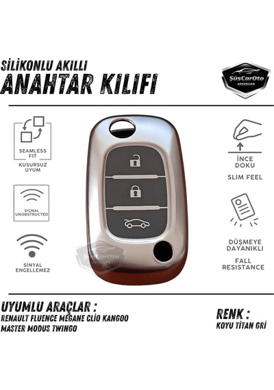 Renault Fluence Megane Clio Kangoo Master Modus Twingo Uyumlu Silikon Anahtar Kılıfı Oto Anahtar Kabı Darbe Emici Anahtarlık Koyu Titan Gri 00 Şüscaroto Aksesuar