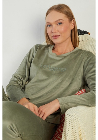 Fullamoda I Love Winter Kabartma Baskılı Kadife Pijama Takımı Yeşil