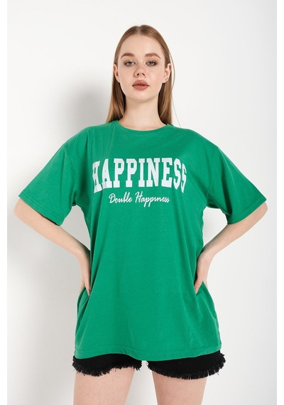 Flood Of Style Kadın Yeşil Happıness Baskılı Oversize Tshirt