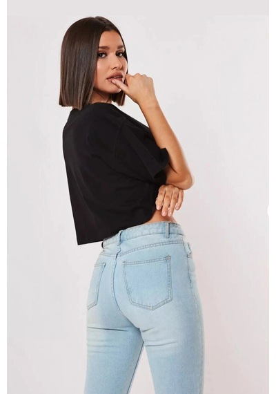 Startmore Beyaz %100 Pamuk Bisiklet Yaka Oversize Crop T-shirt Siyah