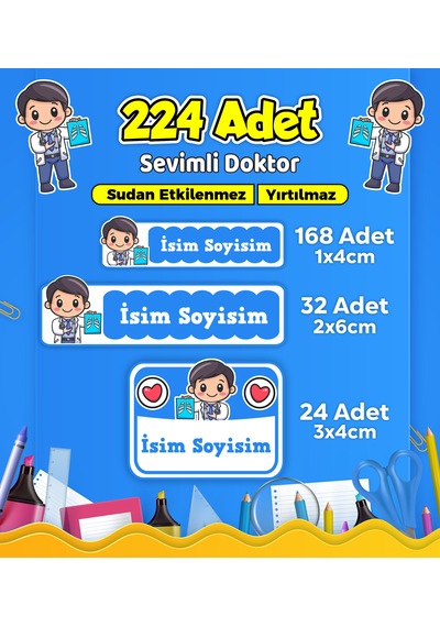 Sevimli Doktor Temalı Okul Kreş Kişiye Özel İsim Etiket Seti - Model 513 Çok Renkli