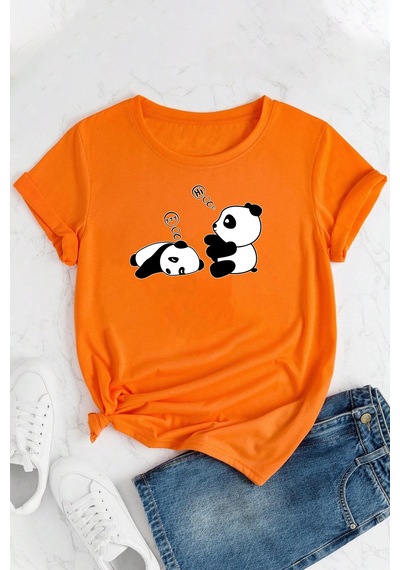 Unisex Uykucu Panda Baskılı Tasarım Tshirt Turuncu