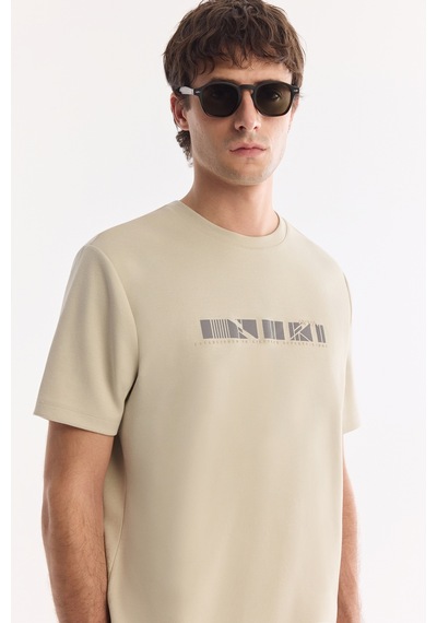 Avva Erkek Bej Bisiklet Yaka Baskılı Bi-stretch İnterlok Regular Fit T-shirt A61y1061