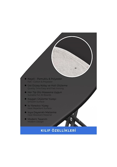 Ütü Masası Kılıfı Örtüsü Bezi, Teflon Kaplamalı Siyah Süngerli Ve Keçeli, Yanmaz, Ayarlanabilir 48x138 Cm