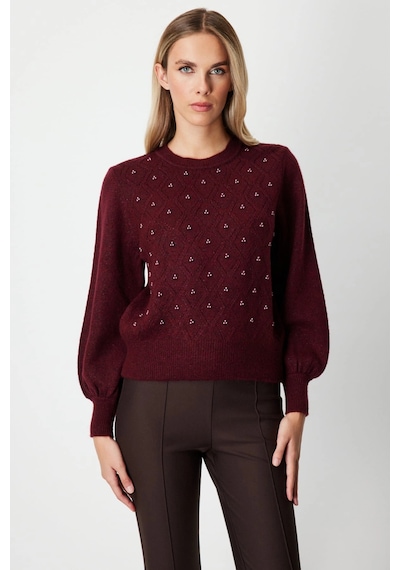 On Fashion Kadın İncili Baklava Desenli Bordo Kazak 63316 Bordo