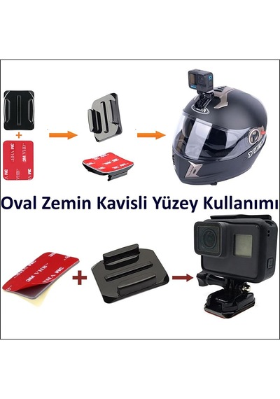 Gplus Bs01k 2 Parça Oval Zemin Kavisli Yüzey Aksiyon Kamera Uyumlu 3m Yapışkan Motor Kask Bağlantı Aparatı Siyah