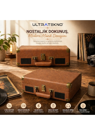 Ultratekno Mzl-p01 Bluetooth Plak Çalar, 3 Hız 33/45/78 Rpm , Usb/sd/aux/rca/kulaklık Destekli, Dahili Hoparlörlü Taşınabilir Retro Valiz Pikap 1 Adet