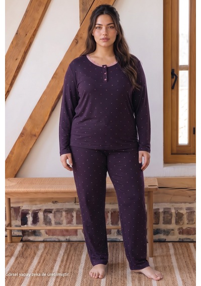 Siyah İnci Mor Desenli Büyük Beden Battal Boy Düğmeli Viskon Örme Pijama Takım 26224866