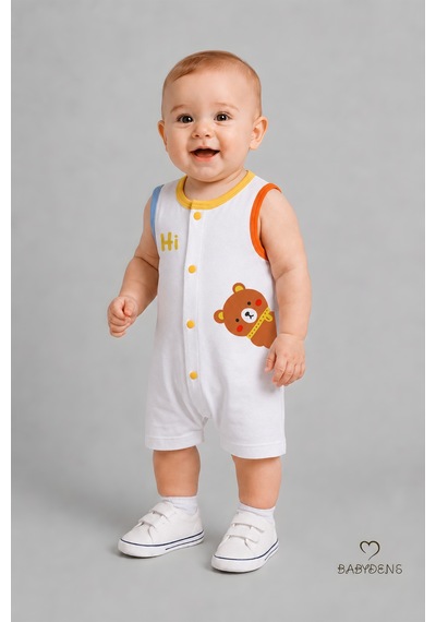 Babyden's Erkek Bebek Tulum Yazlık Pamuklu Şortlu Çıtçıtlı Ayıcık Baskılı Bebek Tulumu Yenidoğan Bebek Giyim 0-9 Ay Beyaz