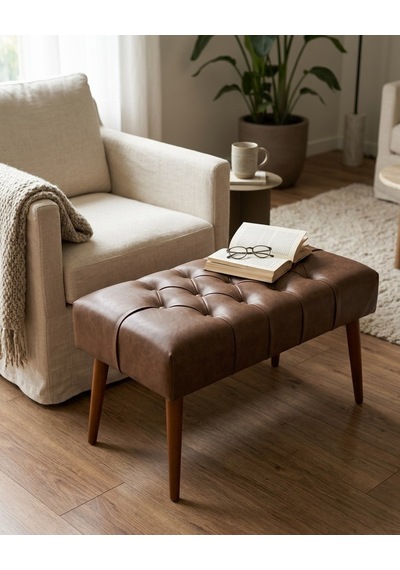 Acı Kahve Deri Bank Bench Oturma Pufu Modern Salon Antre Puf Ayakkabılık Önü Koltuk 45x90 Kahverengi