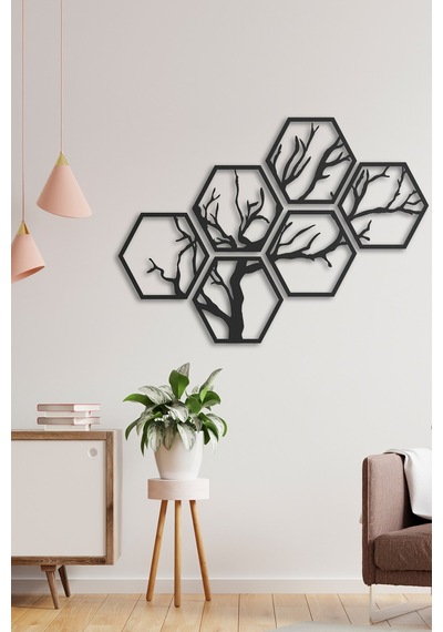 Hexagon Tree Metal Duvar Tablosu - Siyah - 6 Parça