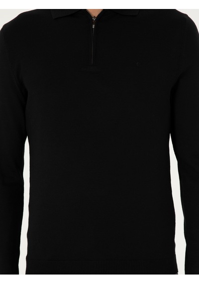 Cacharel Siyah Regular Fit Yün Karışımlı Fermuarlı Polo Yaka Basic Triko Kazak