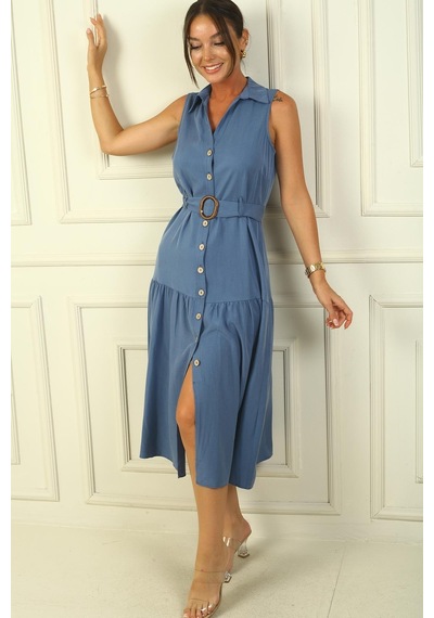 By Saygı Önü Düğmeli Beli Kuşaklı Uzun Elbise-38571-indigo İndigo
