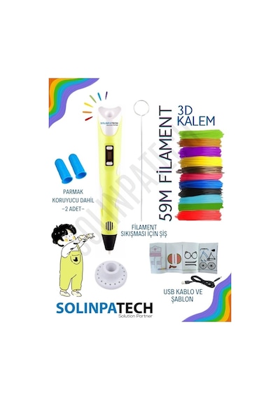 Sarı 3D Kalem 3D Pen Yazıcı Kalem | 10 Adet 5 Metre (Toplam 50 Metre) Filament + USB KABLO