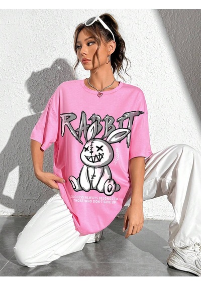 Noıssey Karikatür Ve Grafik Tasarım Oversize T-shirt Cartoon/letter Serisi Kod38 Pembe