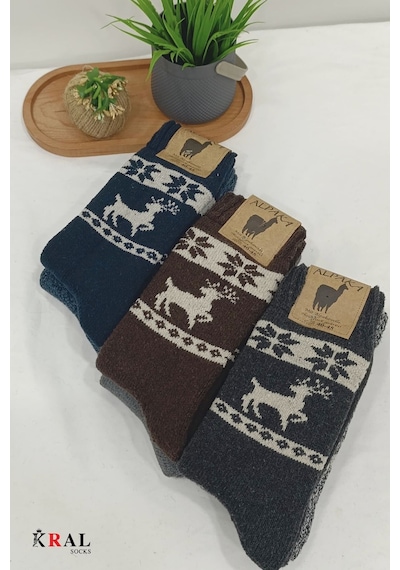 Kral Socks Unisex 3'lü Alpaka Yünlü Çorap Termal Kalın Yumuşak Kışlık Bot Çorabı Asorti