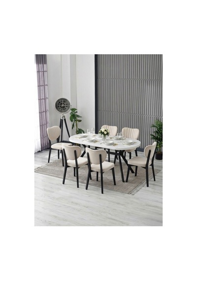 Nova Beyaz Yemek Masası Takımı 6 Adet Elma Sandalye/ 90x170 Cm Yemek Masası Bej Bej Nova Beyaz Yemek Masası Takımı 6 Adet Elma Sandalye/ 90x170 Cm Yemek Masası Bej Bej