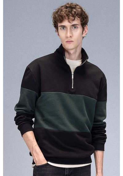 DeFacto Comfort Regular Fit Rahat Kalıp Dik Yaka Fermuarlı Çizgili Kalın Sweatshirt D2401AX24AUBK34