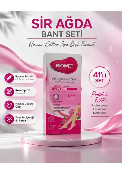Biowet Pudralı Sir Ağda Bant Seti 41 Li Hassas Ciltler İçin Rosehip Vitamin E Epilasyon Seti 1 Paket