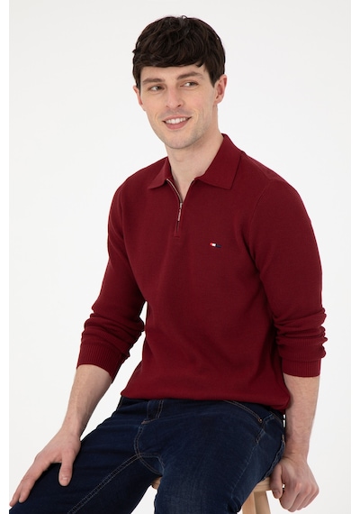 U.S. Polo Assn. Erkek Regular Fit Yarım Fermuarlı Bordo Basic Kazak 50298266-VR014