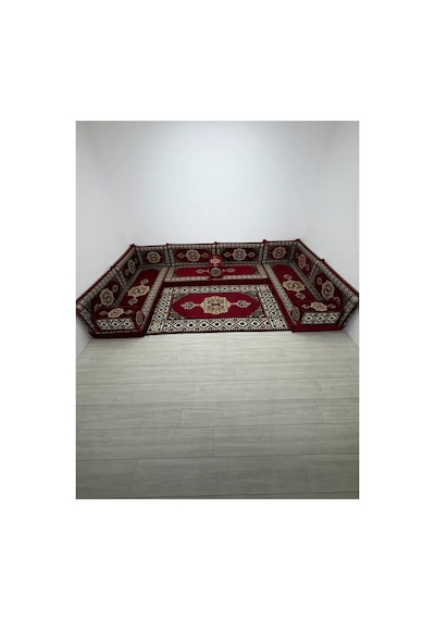 Güneş Modeli Bordo Otantik Şark Köşesi Takımı U Set - Geleneksel Yer Minderi Seti 10 Cm Minder Kalınlığı 15 Parça