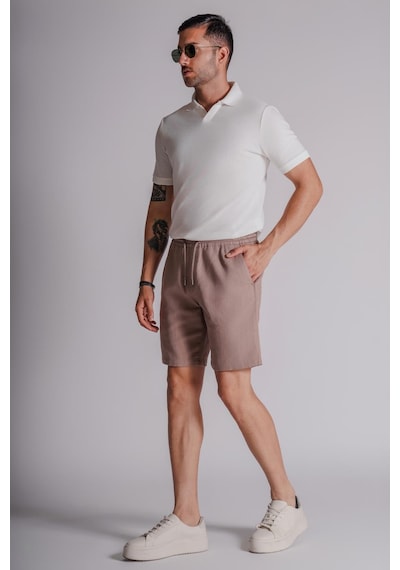 Braccas Erkek Yandan Cepli Beli Lastikli Keten Dokulu Relaxed Fit Jogger Şort Vizon Vizon