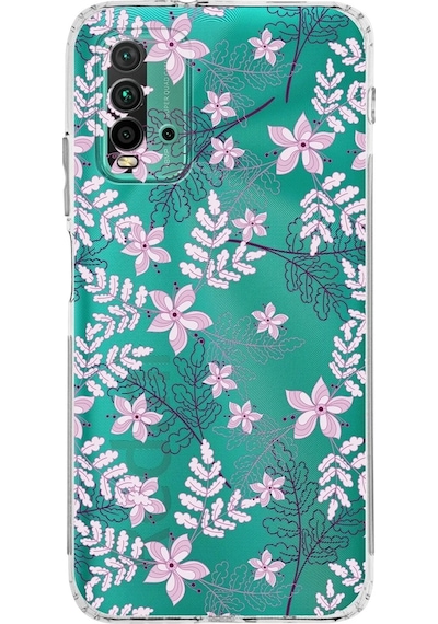 Xiaomi Redmi 9t Kamera Korumalı Kapak Floral Pudra Tasarımlı Şeffaf Kılıf