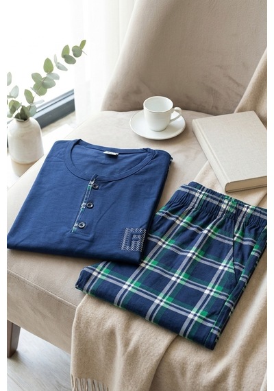 Mataş Erkek Lacivert Viskon Karışımlı Kısa Kollu Yazlık Soft Örme Pijama Takımı