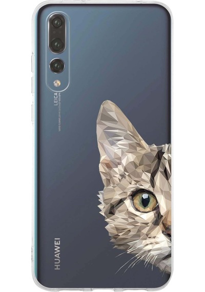 Huawei P20 Pro Uyumlu Kapak Catface Tasarımlı Şeffaf Silikon Kılıf Şeffaf