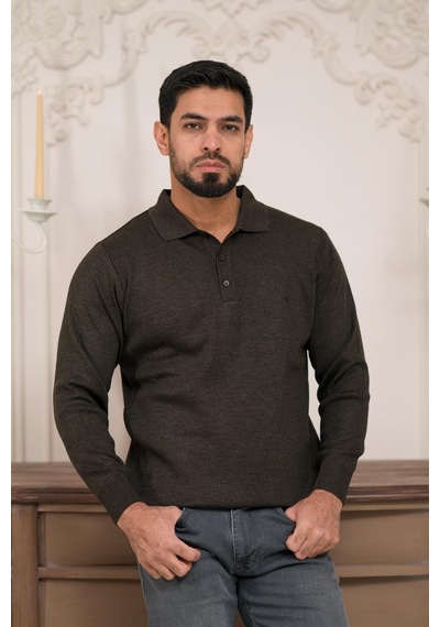 Woolen World Polo Yaka Düz Renk Yünlü Erkek Triko Kazak Kahverengi
