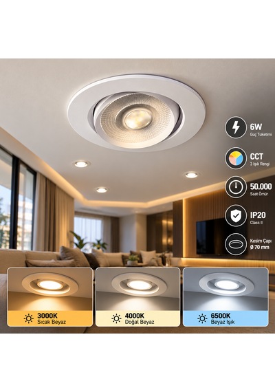 6w Cct Led Spot Sıva Altı 3 Renk 3000k 4000k 6500k 490-568-535 Lümen Ø70mm Kesim Beyaz