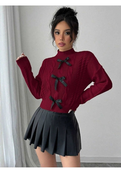 Sayzen Your Shine Örgülü Fiyonk Detaylı Triko Kazak Sy-2501-kzk Bordo