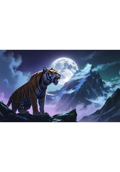 Sinirli Kaplan Sisli Dağda Uhrevi Atmosfer Bilimkurgu İllüstrasyonu 04 Çerçevesiz 50x30 Cm Pvc Tablo