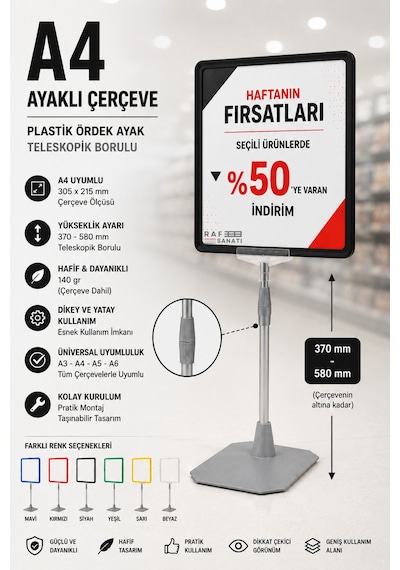 A4 Ayaklı Fiyat Etiketlik Teleskopik Borulu Çerçeve Etiketlik Yönlendirme Levhası Menü Panosu Siyah