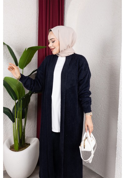 Hira Life Fashion Kadın Şal Yaka Uzun Triko Ve Sakallı Tüylü Hırka Lacivert Lacivert