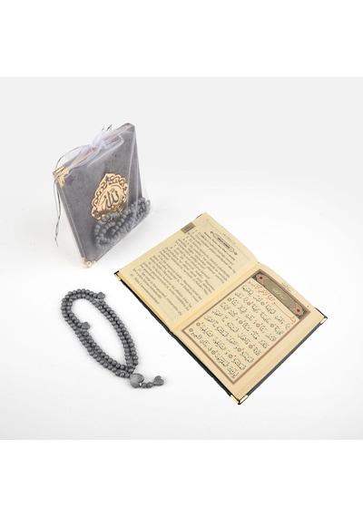 Gül Kokulu Tesbih + Yasin Hediye Seti Çanta Boy, Lafzatullah, Tül Keseli, Gri