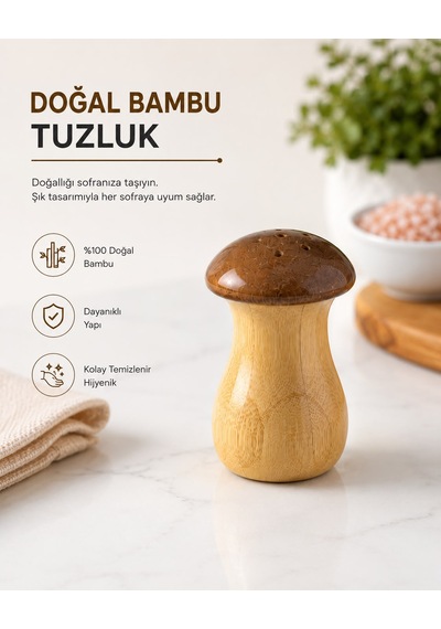 2'li Doğal Ahşap Mantar Tasarımlı Tuzluk Ve Biberlik Seti Bambu