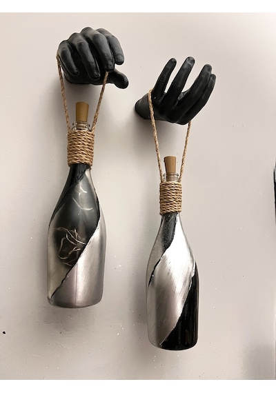 El Figürlü Duvar Lambası Pilli Led Işıklı Dekoratif Şişe Aydınlatma Rustik & Vintage El Yapımı D Gümüş - Siyah