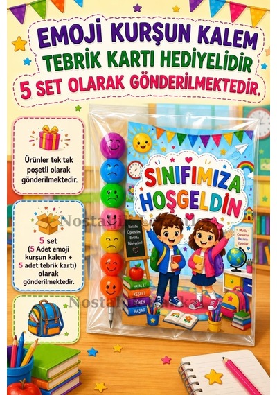 5 Adet Okula Yeni Başlayan Öğrencilere Sınıfımıza Hoşgeldin Yazılı Hediye Seti 1. Sınıf- Sene Başı Hatırası Emoji Kurşun Kalem Tebrik Kartı Hediyeli