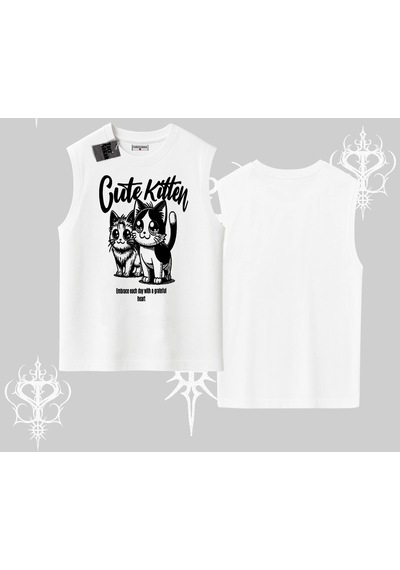 Tarzsokak Cute Kitten Yazılı Sevimli Kedi Baskılı Kolsuz Tshirt Beyaz