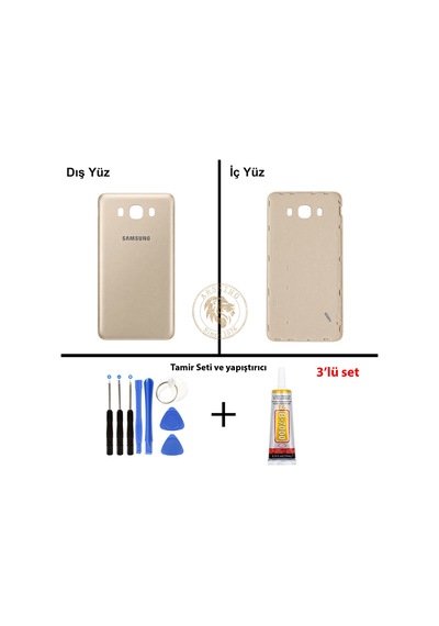 Samsung Galaxy J7 2016 J710 Gold Renk Arka Kapak + Tamir Seti + B7000 Yapıştırıcı Arka Cam Batarya Kapağı Pil Kapağı Lazer Kesim Back Cover Galaxy J7 2016 Uyumlu
