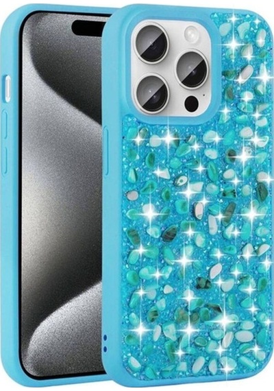 Apple Uyumlu iPhone 15 Pro Max Kılıf Parlak Taşlı Tasarım Zore Linea Diamond Kapak Mavi Açık