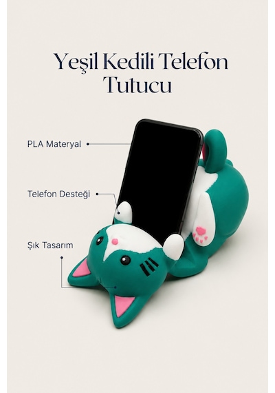 Yeşil Kedi Figürlü Telefon Tutucu Stand - 3d Baskı Ofis Masaüstü Aksesuarı Ve Biblo