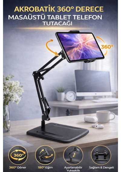360 Akrobatik Telefon Tablet Tutucu Masaüstü Stand Ayarlanabilir Katlanır Güçlü Klips Siyah