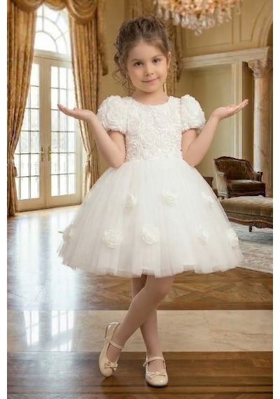 Mnk Baby & Kids Rosali Lase Detay Kız Tütü Abiye Elbise M00803 Beyaz