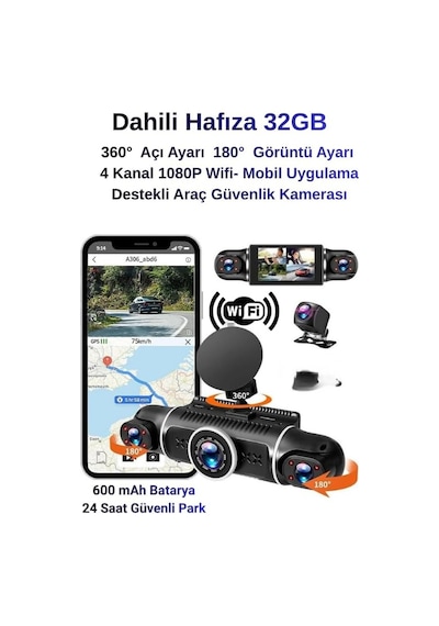 4 Kanallı Araç Kamerası, G-sensör, Gece Görüşlü, Wifi Bağlantılı, 32gb Dahili Hafıza, Acil Durum Video Kilit