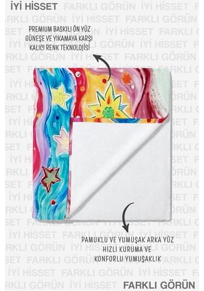 Renkli Yıldızlı Soyut Sanatsal Plaj Havlusu - Galaksi Esintili Pastel Hızlı Kuruyan Mikrofiber Havlu Sisli Bulut