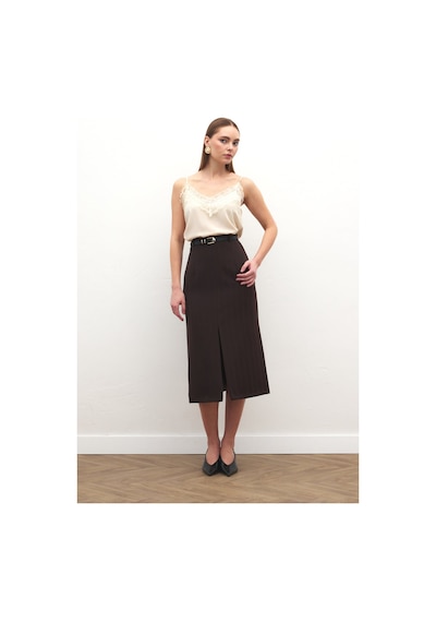 Sateen Anna Yırtmaçlı Etek - Kahve-137171 Kahve